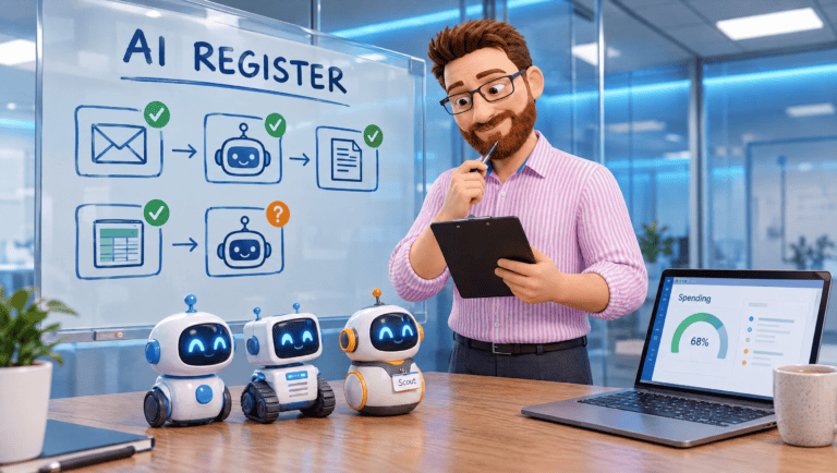 DotScott with a clipboard reviewing an AI register whiteboard of automations, beside three small AI assistant robots and a laptop showing AI spending