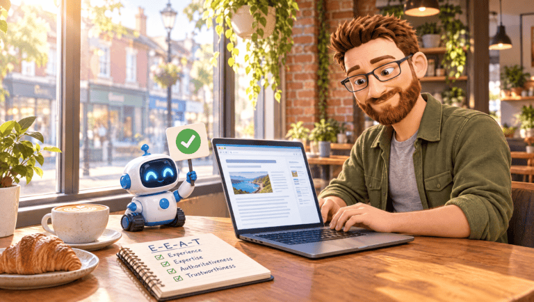 DotScott in a green jacket writing a web page on a laptop at a sunny coffee shop window table, with a small robot holding up a green tick and a notebook listing E-E-A-T: Experience, Expertise, Authoritativeness, Trustworthiness