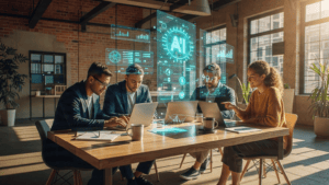 A modern small business team collaborating with AI-driven digital overlays, representing role evolution and workflow optimization.