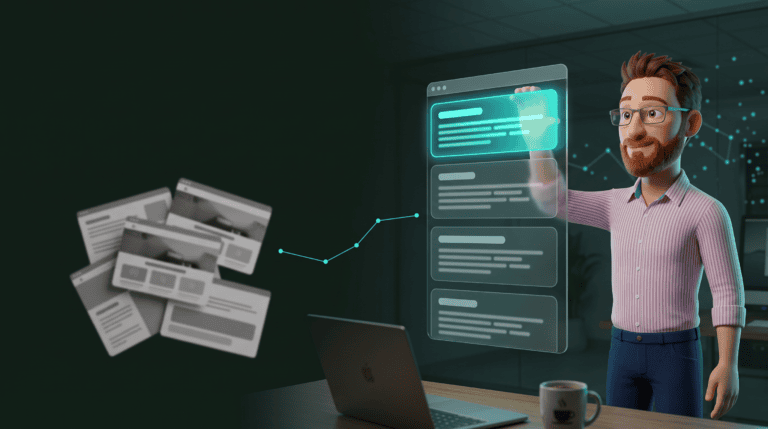 DotScott standing at a desk, sliding the top section of a floating web page into place. The page is a tidy stack of separate, clearly headed sections with the top one glowing teal, while a jumbled heap of greyed-out page fragments floats to the left, linked to it by a line of cyan dots.