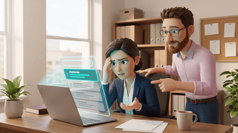 A frustrated business owner at her office desk looks at a floating search results panel where a competitor holds the glowing top spot, while DotScott, visiting her office, stands behind her chair with a knowing smile and points out exactly why that result is winning.