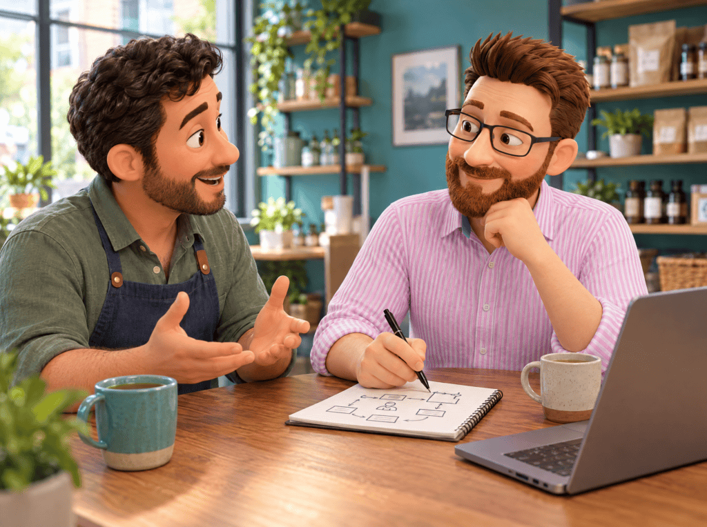 DotScott listening to a business owner and sketching their processes in a notebook during a discovery session