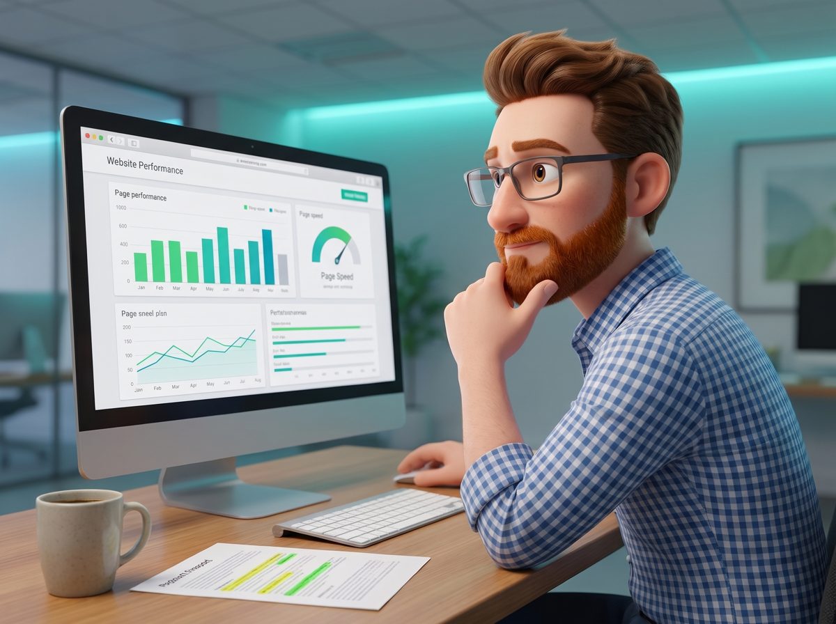 The DotScott character studying a website performance dashboard with charts on a large monitor
