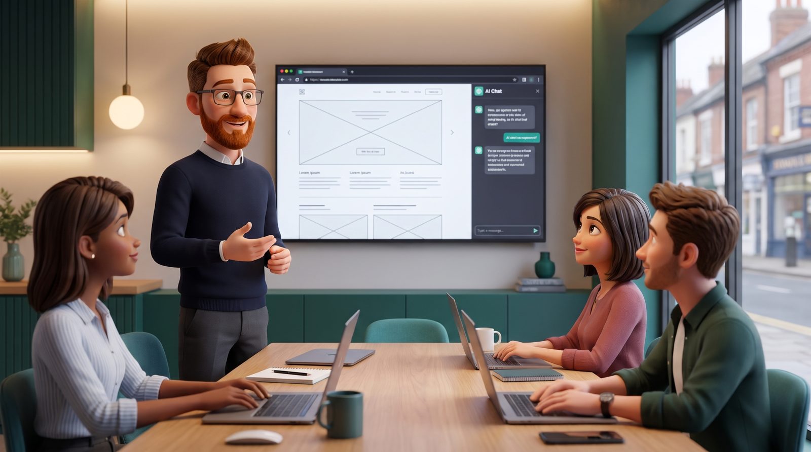 The DotScott character presenting a website wireframe and an AI chat window to three agency designers around a table