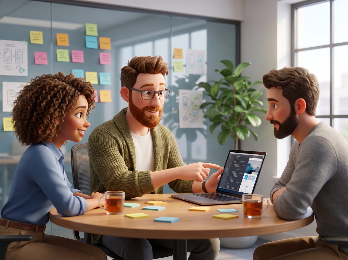 The DotScott character at a round table pointing at a laptop while two agency designers look on
