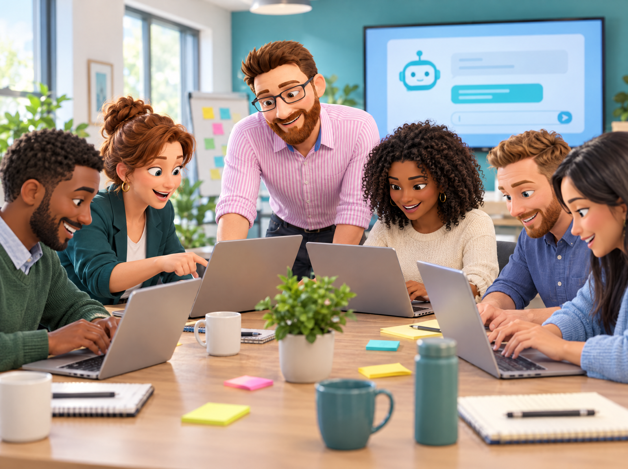 DotScott helping a small group of business people as they try AI tools on their own laptops during a hands-on workshop