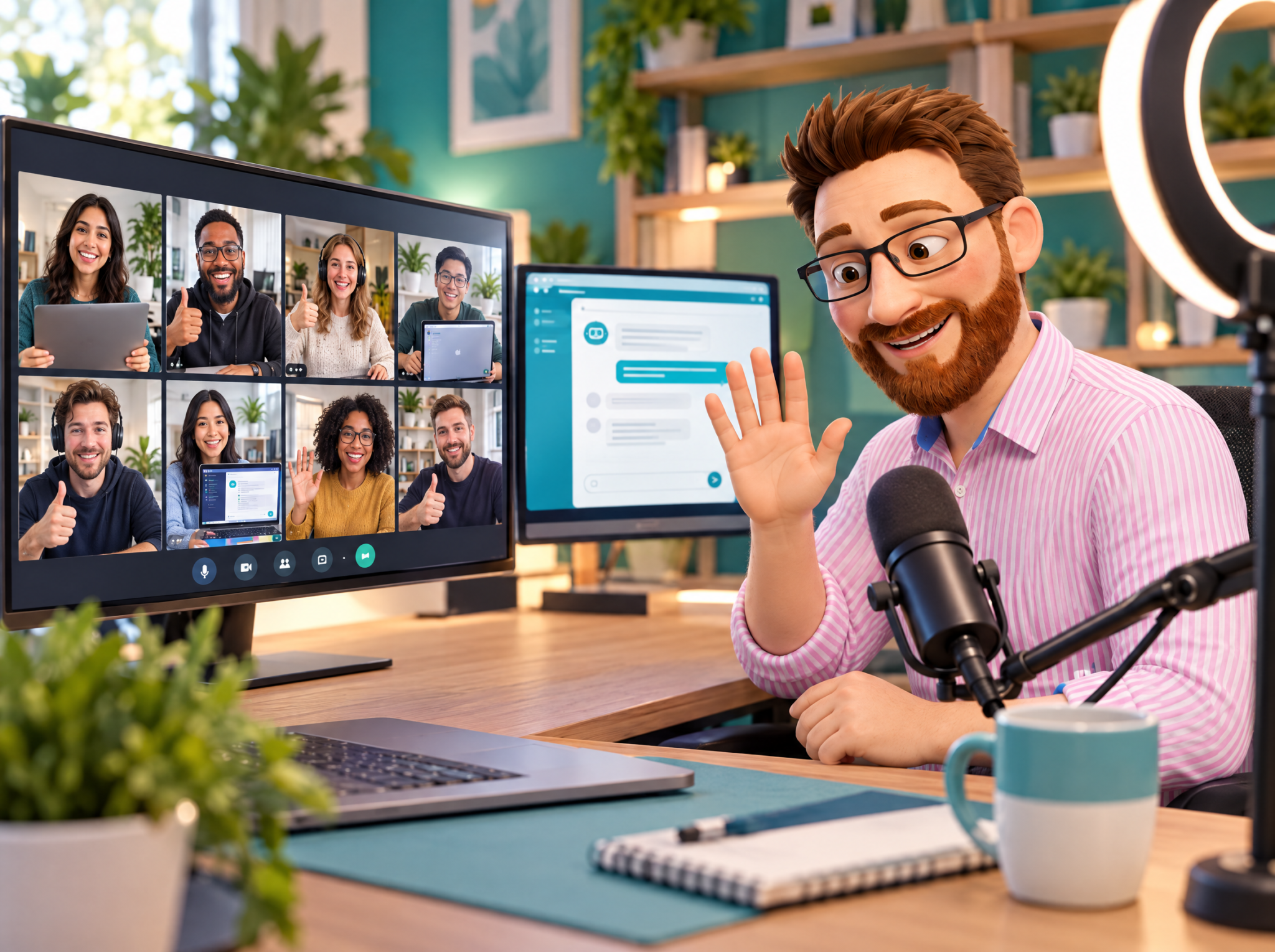 DotScott waving to a video-call grid of workshop participants during a live online AI training session