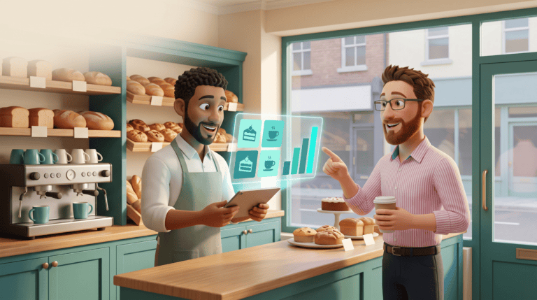 A delighted café owner behind his counter holds a tablet showing matching on-brand marketing images and a rising sales chart, while DotScott, visiting the café with a takeaway coffee, points at the chart and explains what it shows.