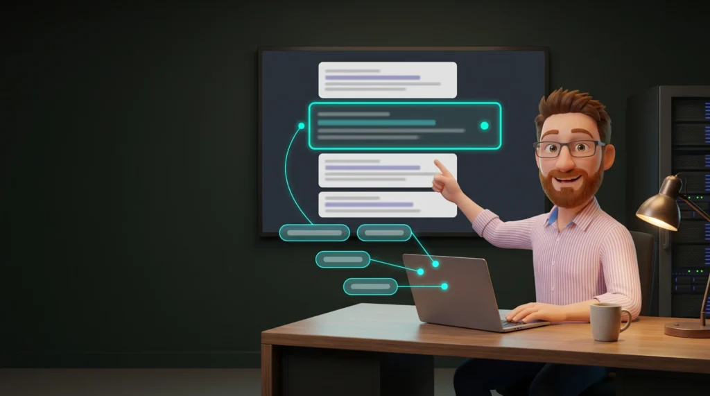 DotScott at a desk with a laptop and coffee, pointing at a large screen of search result snippets. One snippet glows teal and is linked by cyan dotted lines to small text tags flowing into his laptop, showing AI reading a page and writing its title and description.