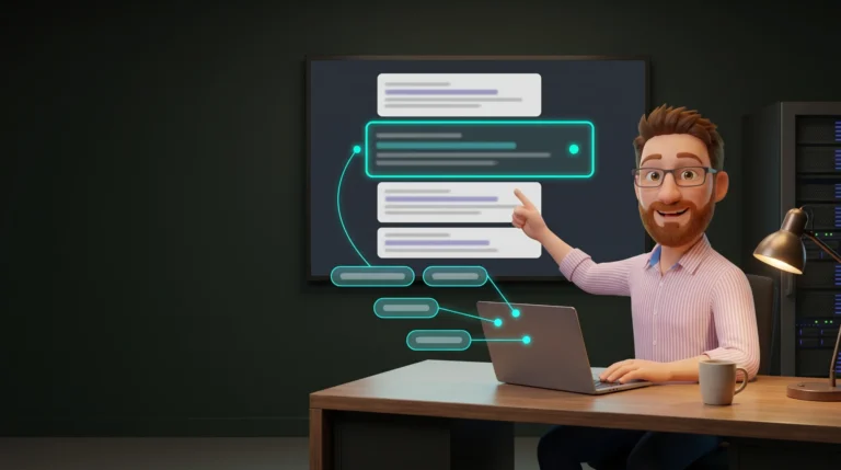 DotScott at a desk with a laptop and coffee, pointing at a large screen of search result snippets. One snippet glows teal and is linked by cyan dotted lines to small text tags flowing into his laptop, showing AI reading a page and writing its title and description.