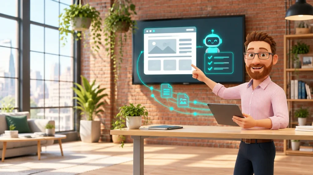 DotScott stands at a standing desk in a bright loft office with brick walls and plants, holding a tablet and pointing at a wall screen where a small friendly AI agent robot reads a website layout and ticks off a checklist.