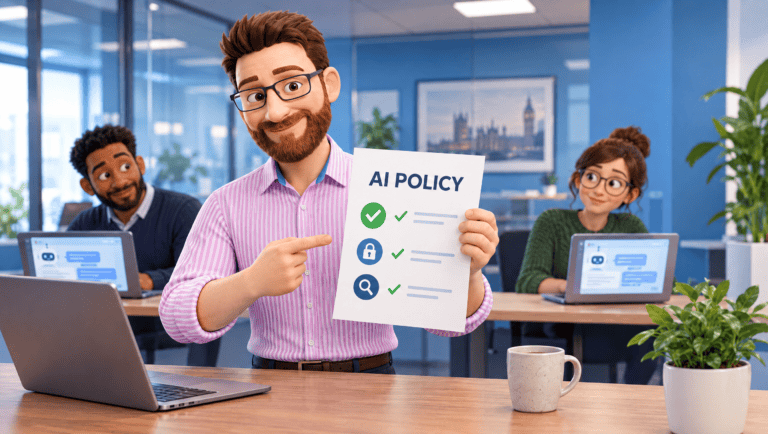 DotScott holding up a one-page AI policy checklist in a small office while two colleagues use AI chat tools on their laptops