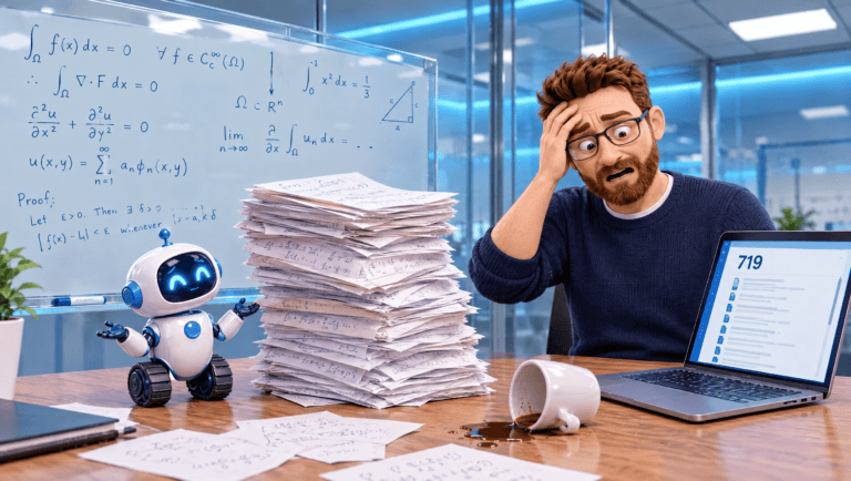DotScott in a navy jumper at his desk with his head in his hand, staring at a laptop showing 719 documents, next to a towering stack of handwritten maths papers, a shrugging small robot, a spilt coffee and a whiteboard full of equations