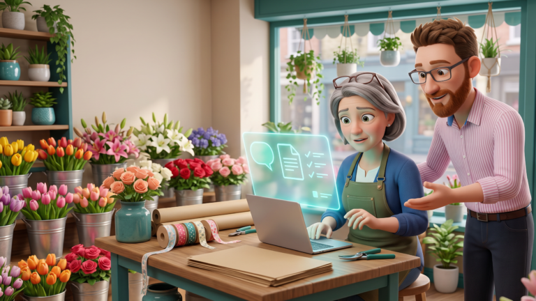 A florist sits at her shop workbench looking at her laptop, curious but a little unsure, while DotScott, visiting the shop, leans in with an encouraging smile and gestures towards the screen.