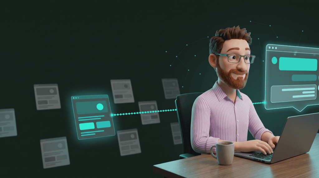 DotScott at a desk with a laptop and coffee, smiling at a floating AI chat answer panel. Among many greyed-out website cards, one glowing teal website card is linked to the AI answer by a line of cyan dots, showing it has been chosen and cited.