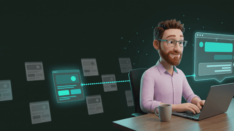 DotScott at a desk with a laptop and coffee, smiling at a floating AI chat answer panel. Among many greyed-out website cards, one glowing teal website card is linked to the AI answer by a line of cyan dots, showing it has been chosen and cited.